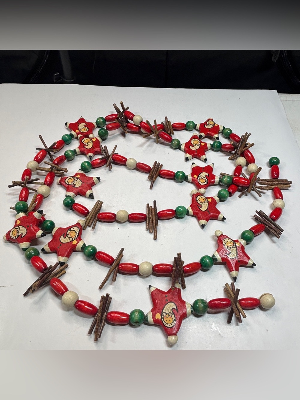 8ft Wooden Bead Tree Garland Stars Santa Hand Painted Old Christmas Primitive